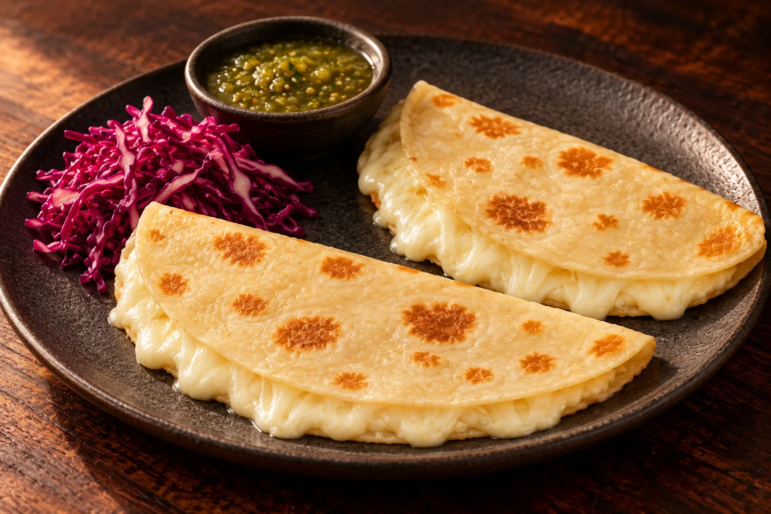 Two thin, golden folded flour-tortilla cheese quesadillas on a dark plate with red-cabbage slaw and green salsa.