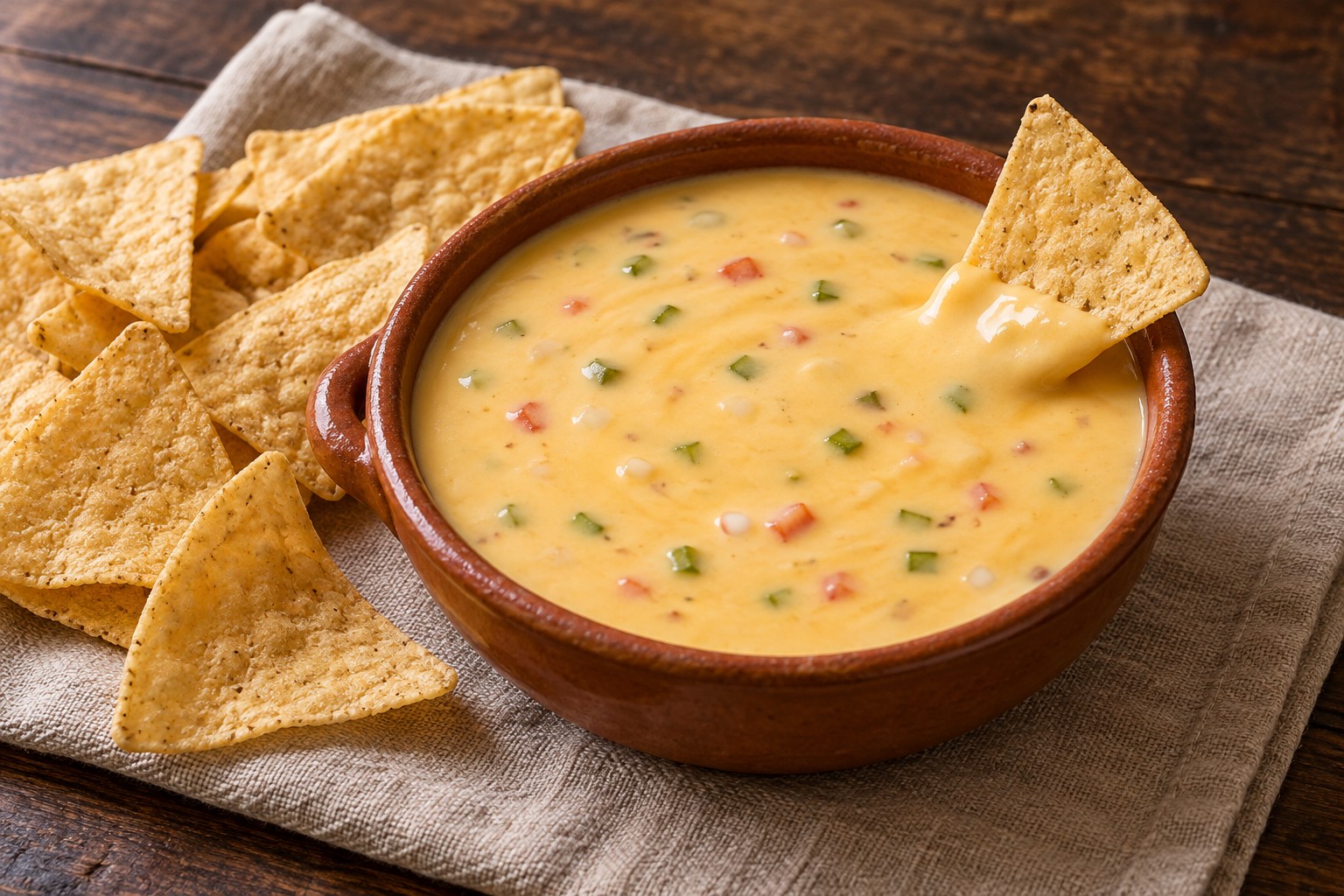 Smooth pale-gold chile con queso with small pieces of jalapeño, tomato, and onion, served warm with corn tortilla chips