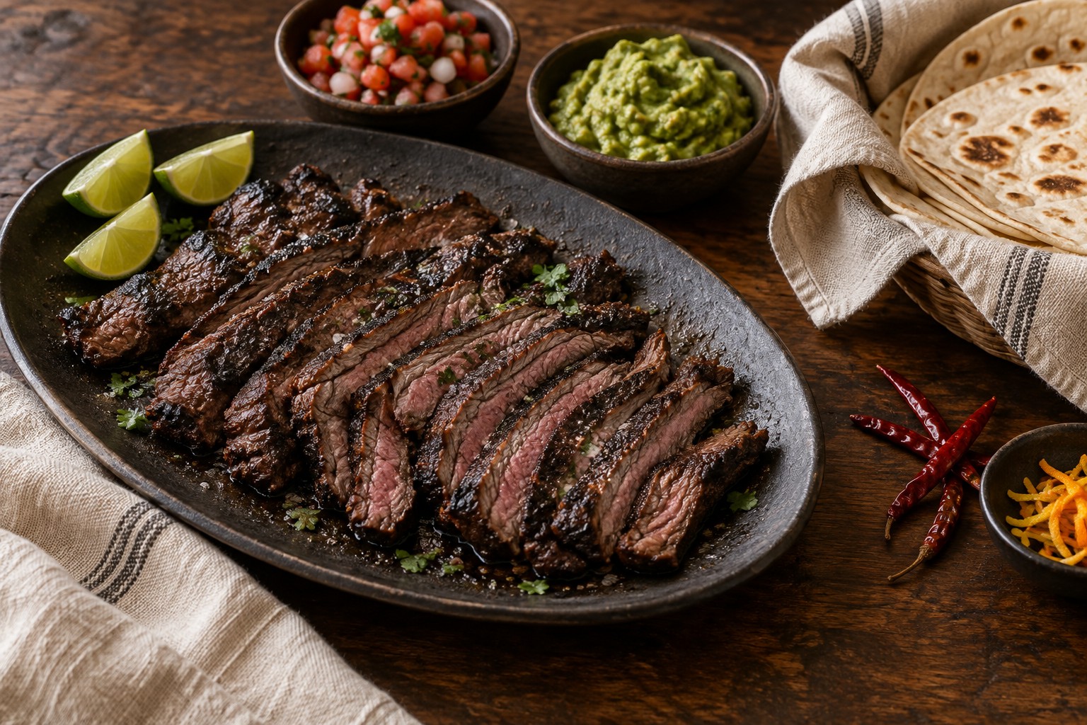 Char-grilled skirt steak sliced across the grain with warm flour tortillas, pico de gallo, guacamole, lime, and dried chiles de árbol