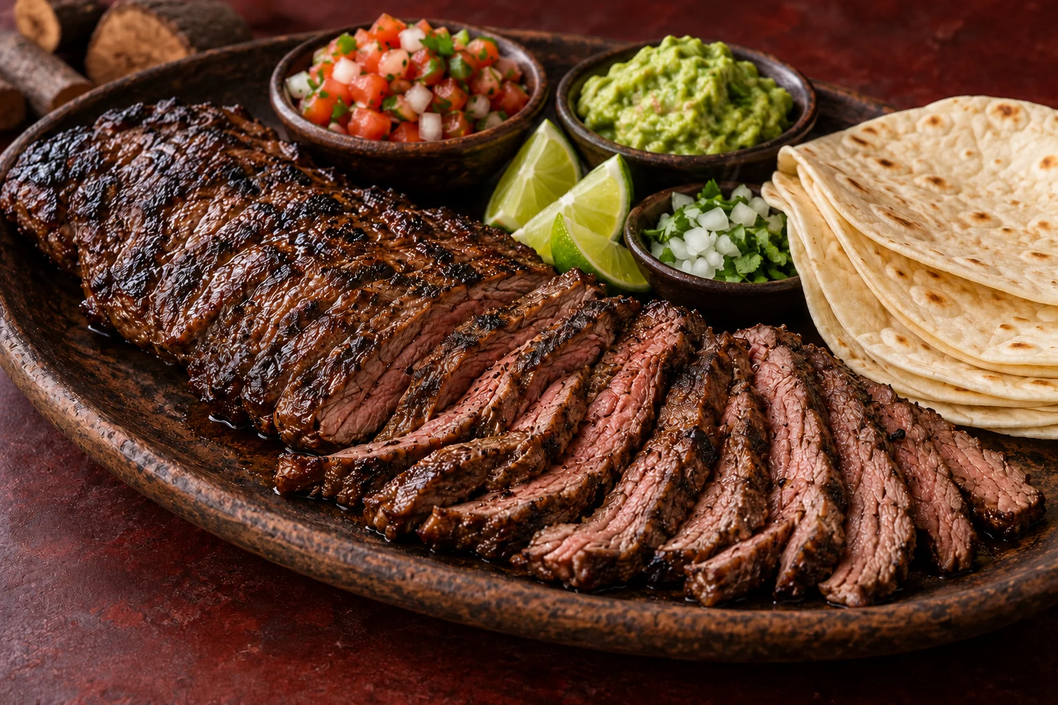Juicy sliced skirt steak with charred edges on a dark platter, with thin flour tortillas, pico de gallo, guacamole, onion, cilantro, lime, and a little mesquite wood behind it.