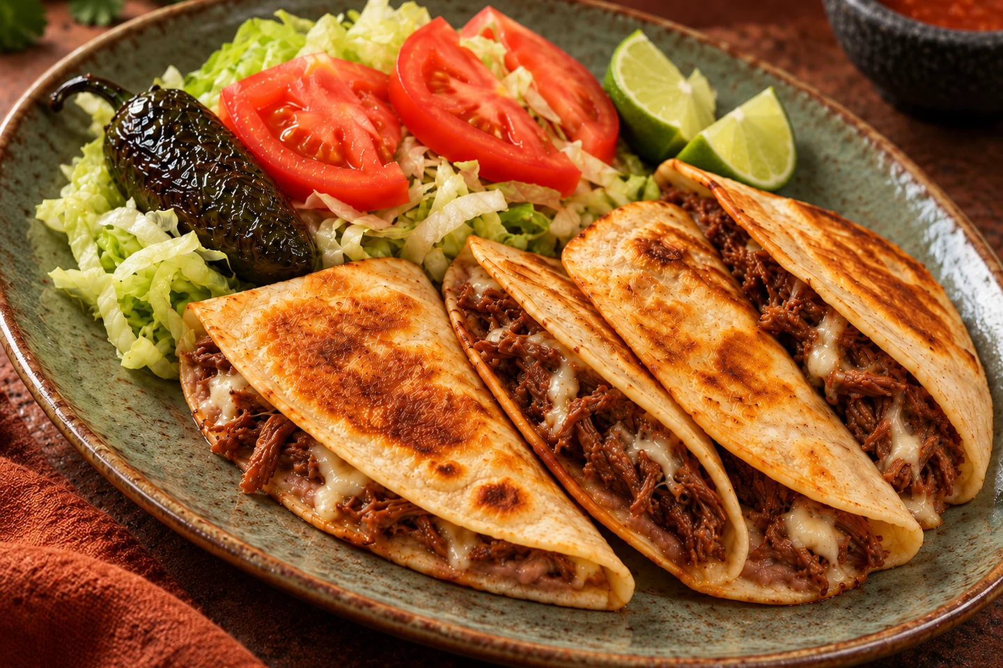 Copycat Café Rey-style tacos a la plancha with shredded beef, refried beans and melted queso asadero in toasted flour tortillas, served with lettuce, tomato, roasted chile and lime.