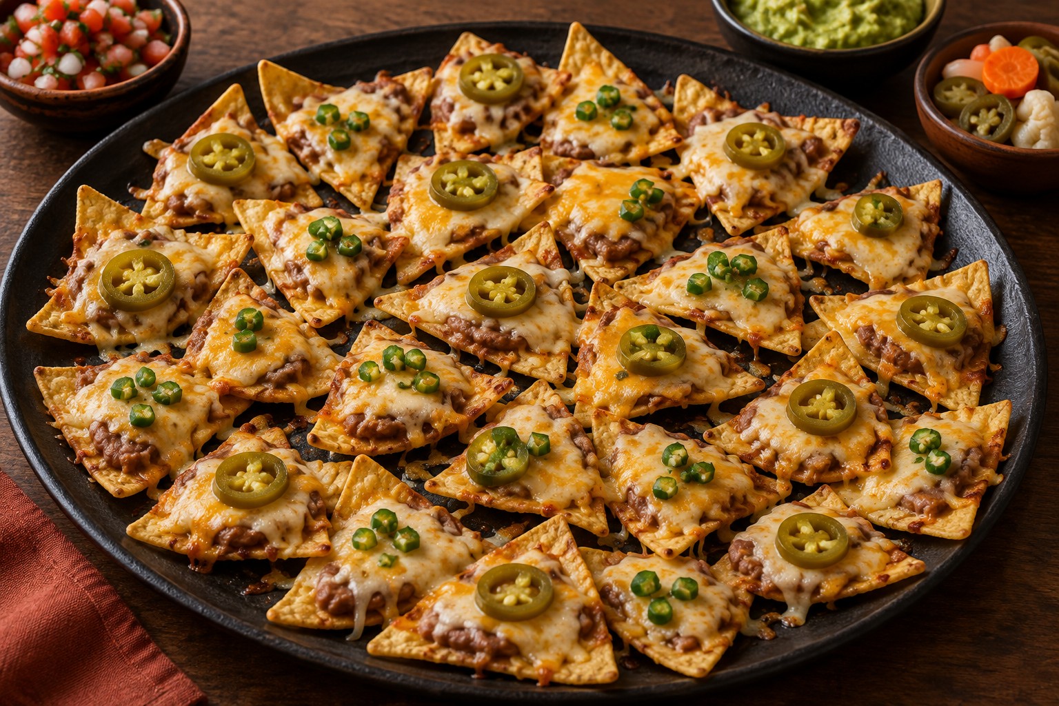 Individual corn tortilla chips topped with refried beans, melted grated cheese, and fresh or pickled jalapeño, with pico de gallo, guacamole, and escabeche alongside