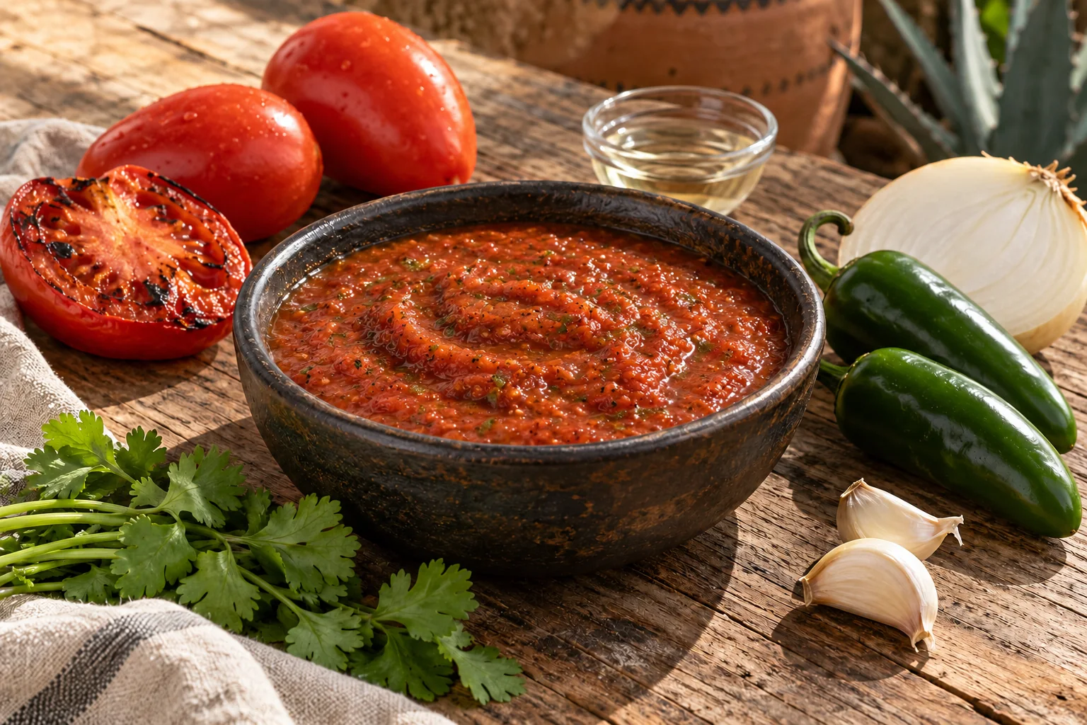 Bowl of smooth roasted-tomato salsa with Roma tomatoes, jalapeños, white onion, cilantro, garlic, and a small dish of vinegar alongside.