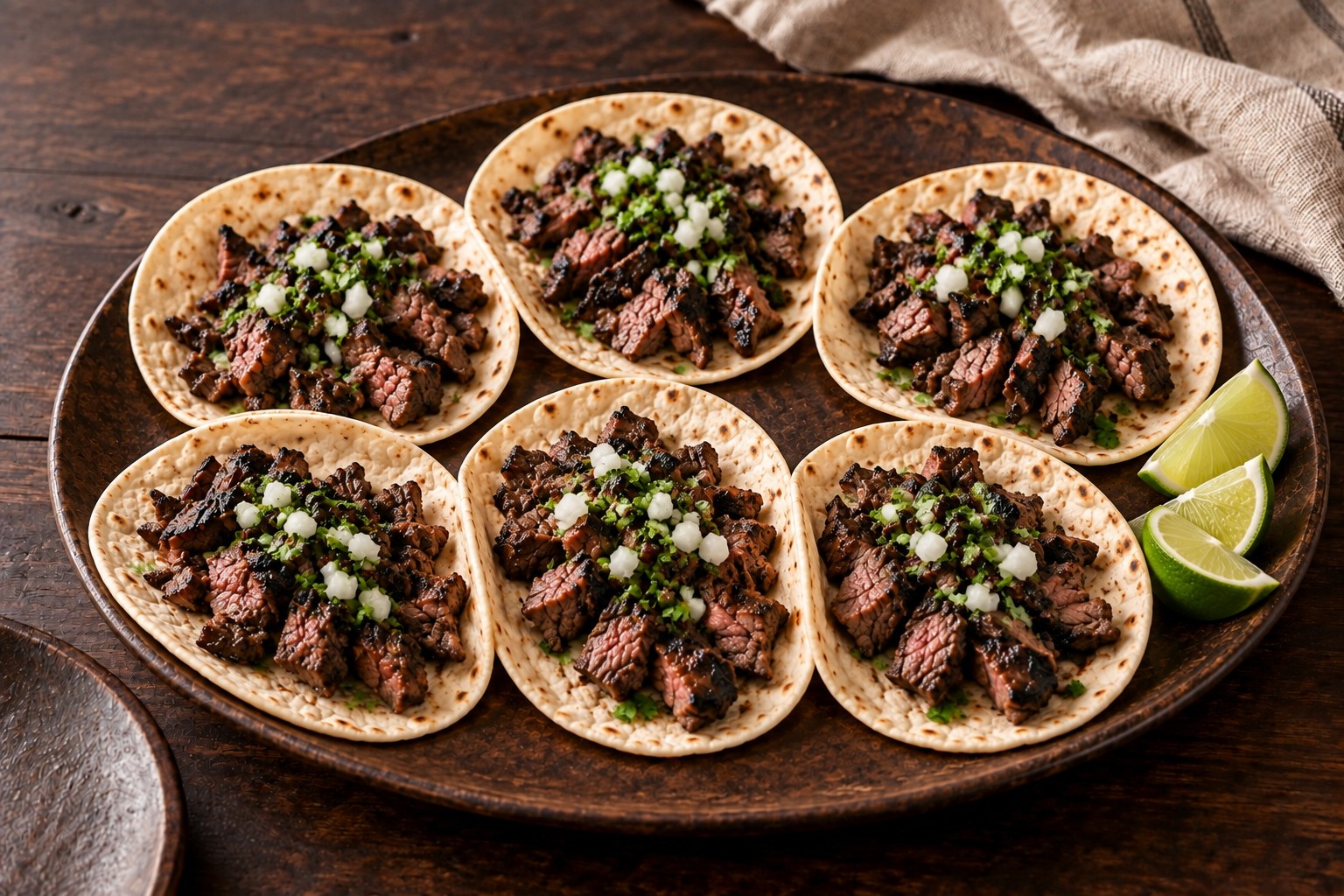 Six flour tortilla fajita tacos with juicy chopped charred beef, finely diced white onion, cilantro, and lime wedges