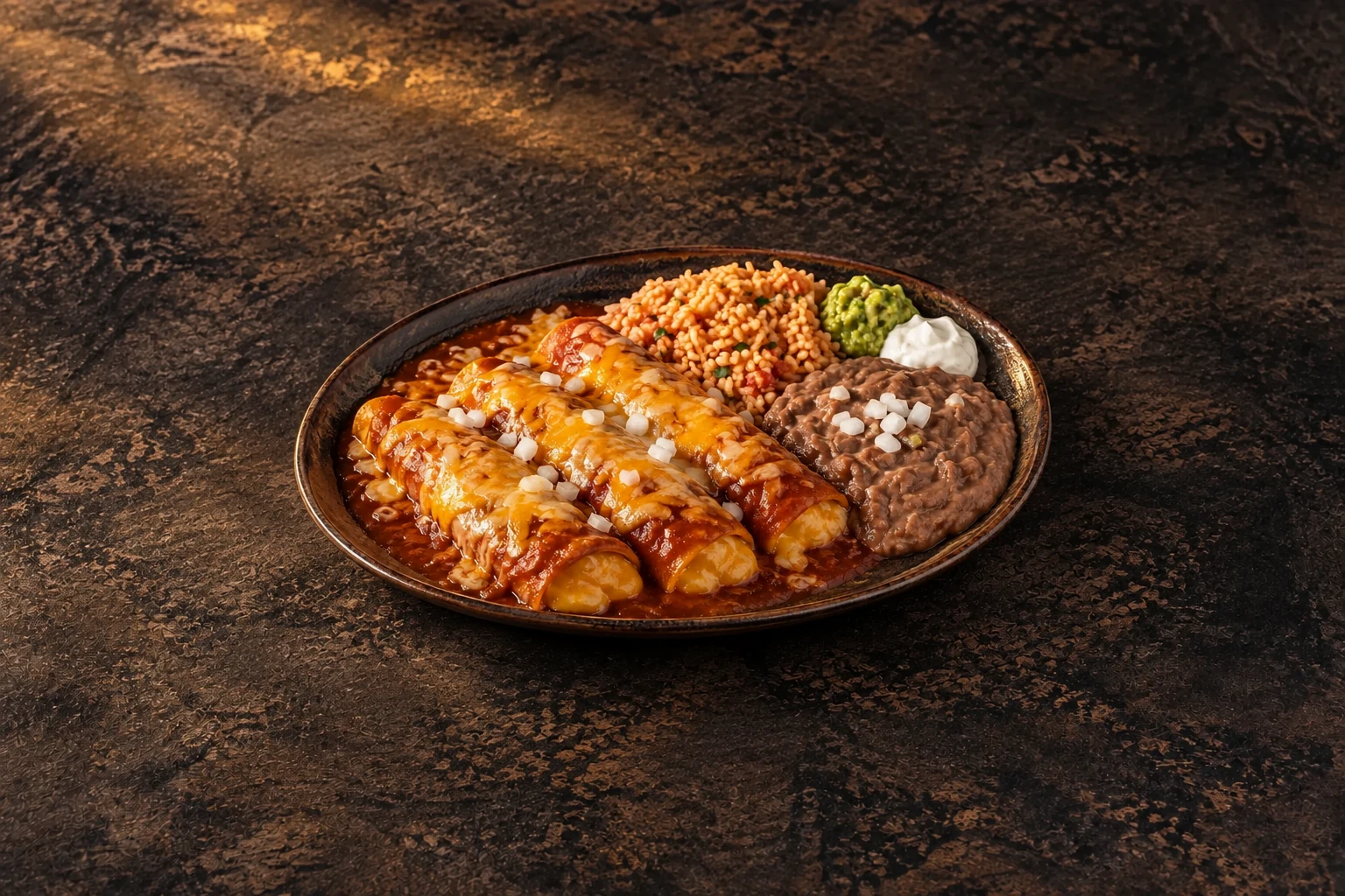 Three sauced cheese enchiladas on a Texas combination plate with rice, refried beans, guacamole, and sour cream