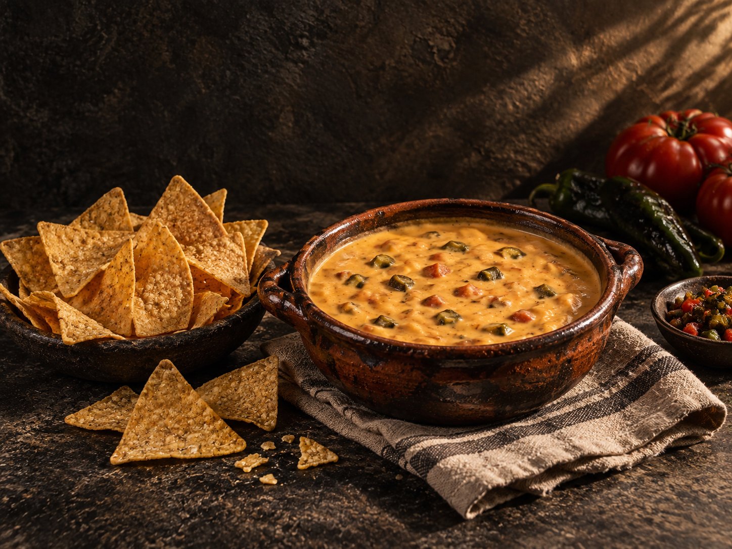 Warm Texas chile con queso with roasted chiles and crisp corn tortilla chips