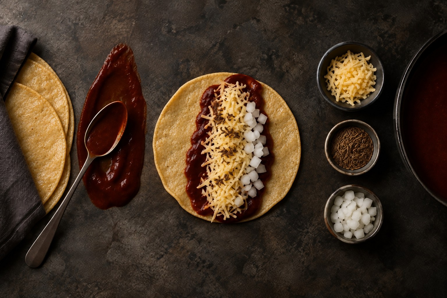 Lightly fried, pliable corn tortillas with chile gravy, cheese, onion, and cumin arranged as the component layers of cheese enchiladas