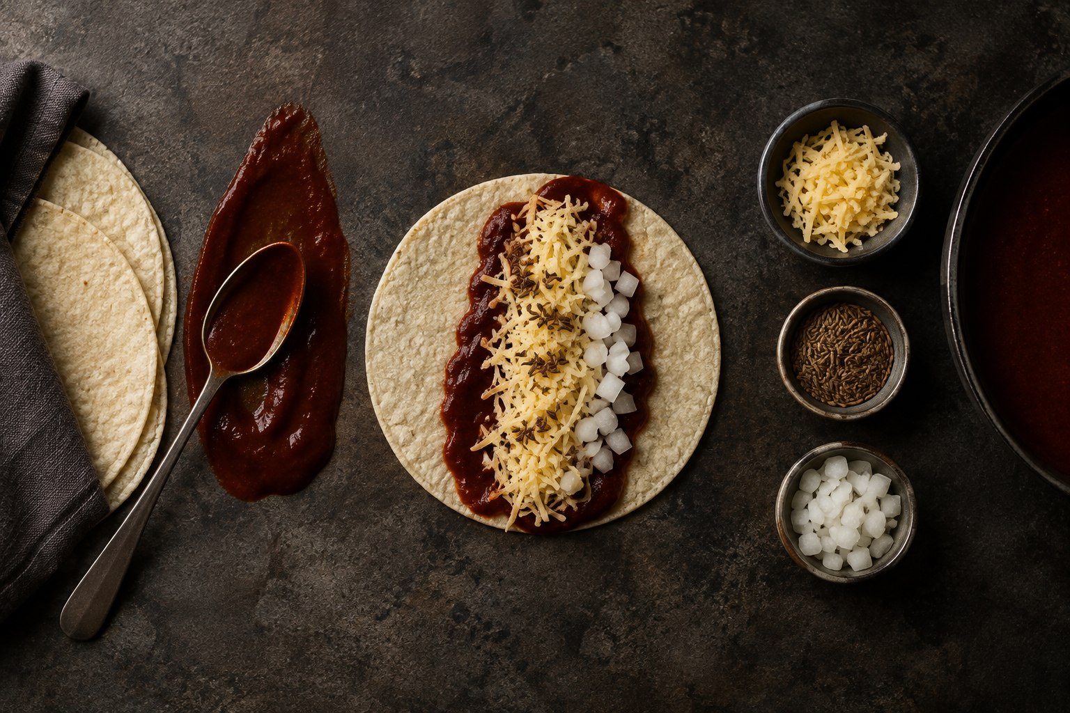 Corn tortillas, chile gravy, cheese, onion, and cumin arranged as the component layers of cheese enchiladas